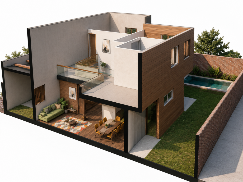 corte esquemático en perspectiva de un proyecto de ampliación en las condes