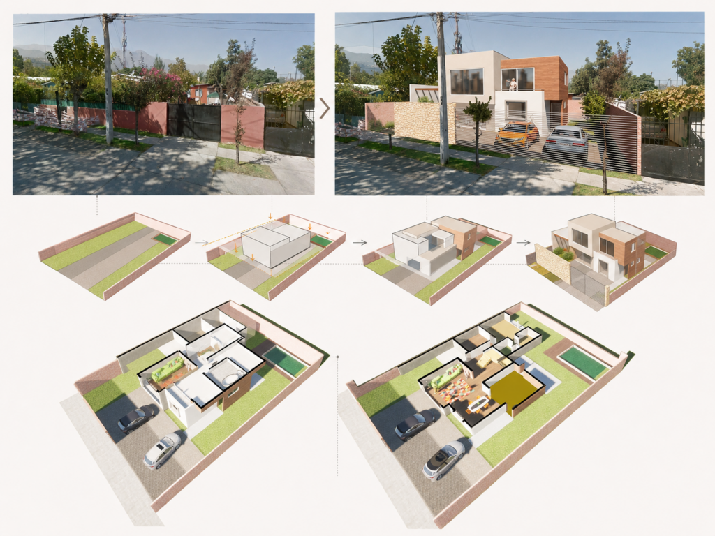 Ejemplo de como en una casa real en la comuna de las condes se llevo a cabio una visualización 3D, con esquemas e isométricas