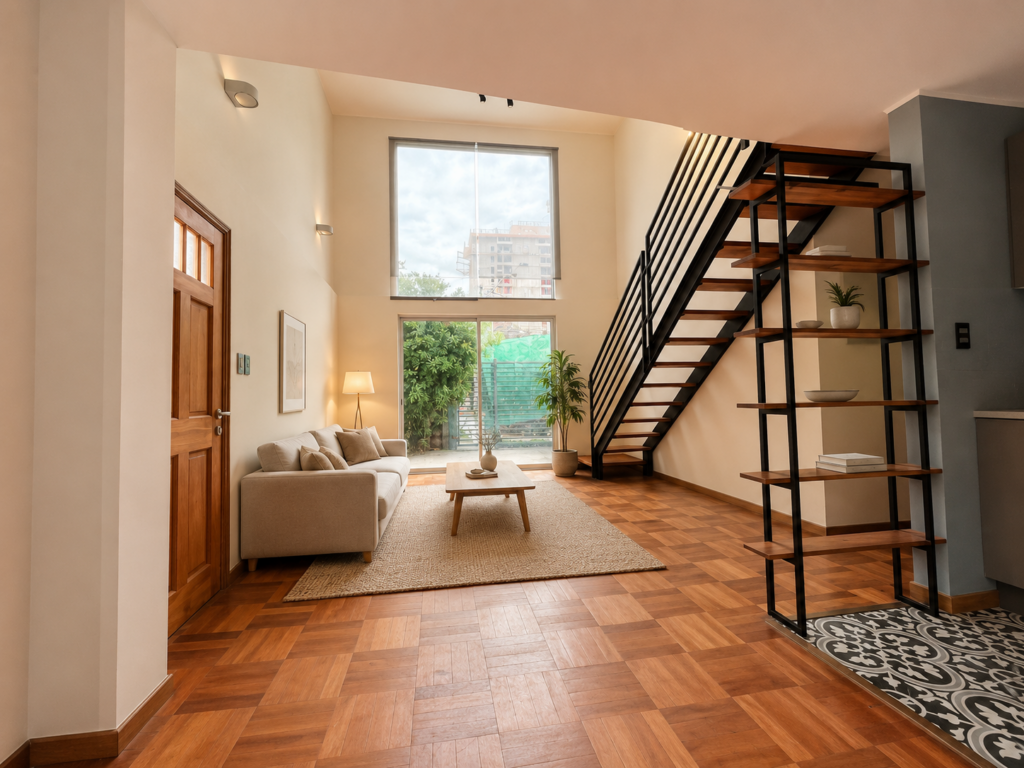 Living con doble altura en ampliación casa Las Condes