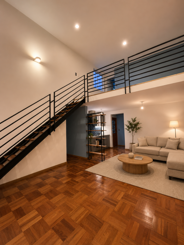 Estar con doble altura, casa ampliada en Las Condes